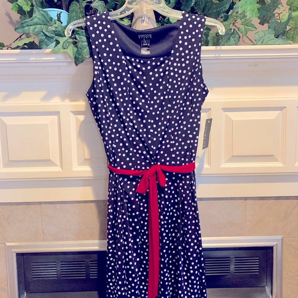 Navy blue with white polka dots dress, size 4.